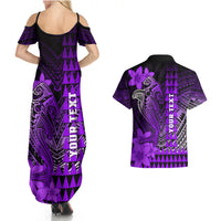 Personalized Hawaii Couples Matching Summer Maxi Dress and Hawaiian Shirt Hammerhead Shark Kakau Polynesian Tribal Purple LT05 - Polynesian Pride