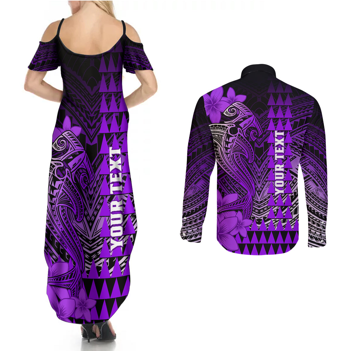 Personalized Hawaii Couples Matching Summer Maxi Dress and Long Sleeve Button Shirts Hammerhead Shark Kakau Polynesian Tribal Purple LT05 - Polynesian Pride