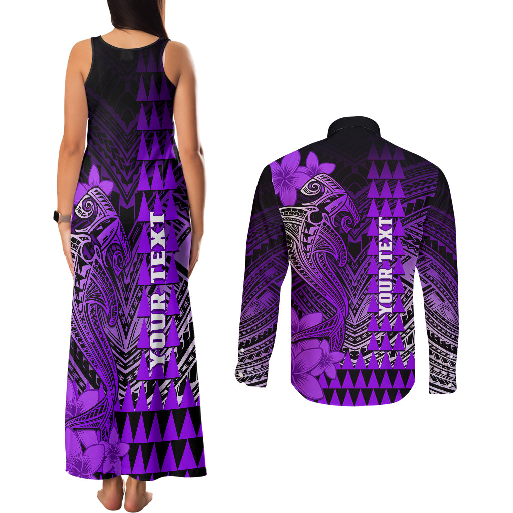 Personalized Hawaii Couples Matching Tank Maxi Dress and Long Sleeve Button Shirts Hammerhead Shark Kakau Polynesian Tribal Purple LT05 - Polynesian Pride