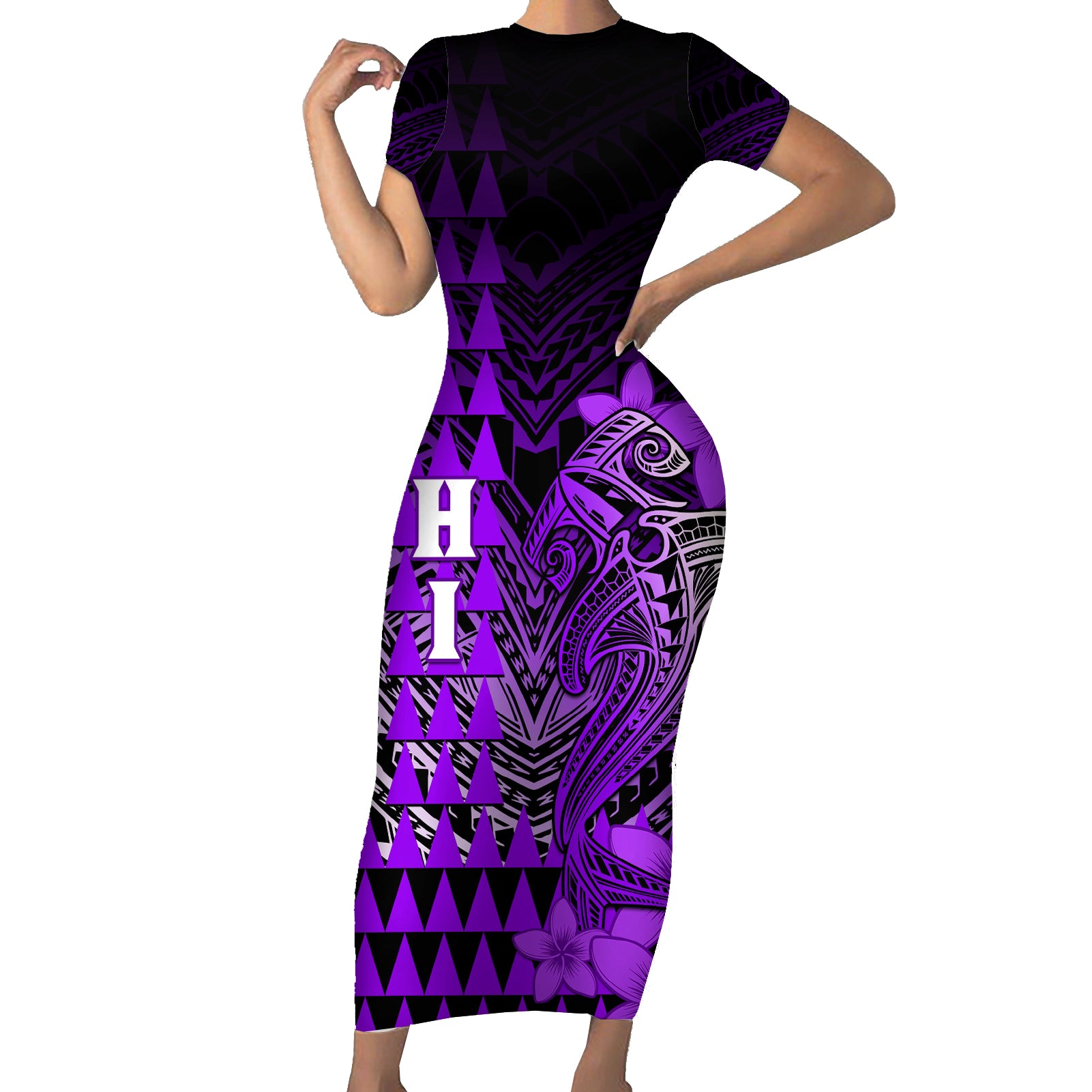 Personalized Hawaii Short Sleeve Bodycon Dress Hammerhead Shark Kakau Polynesian Tribal Purple LT05 Long Dress Purple - Polynesian Pride