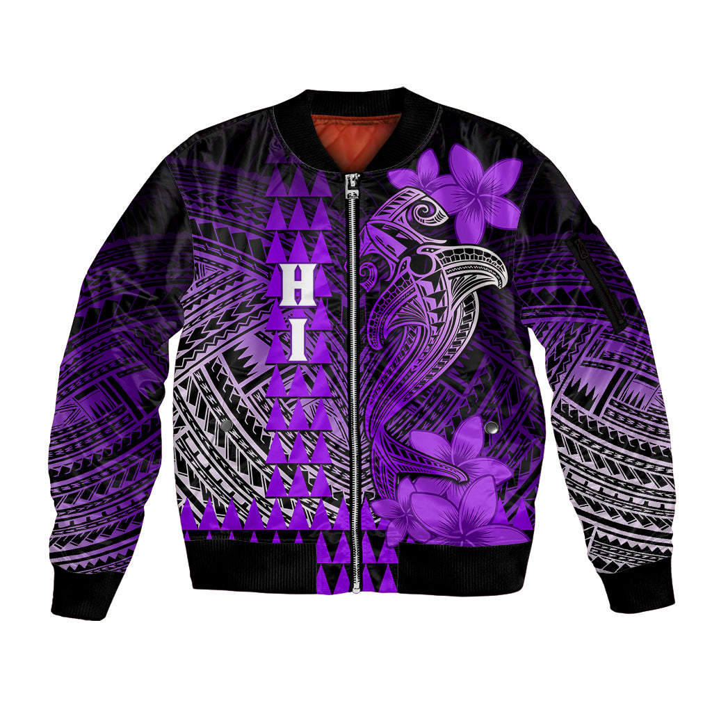 Personalized Hawaii Sleeve Zip Bomber Jacket Hammerhead Shark Kakau Polynesian Tribal Purple LT05 Unisex Purple - Polynesian Pride