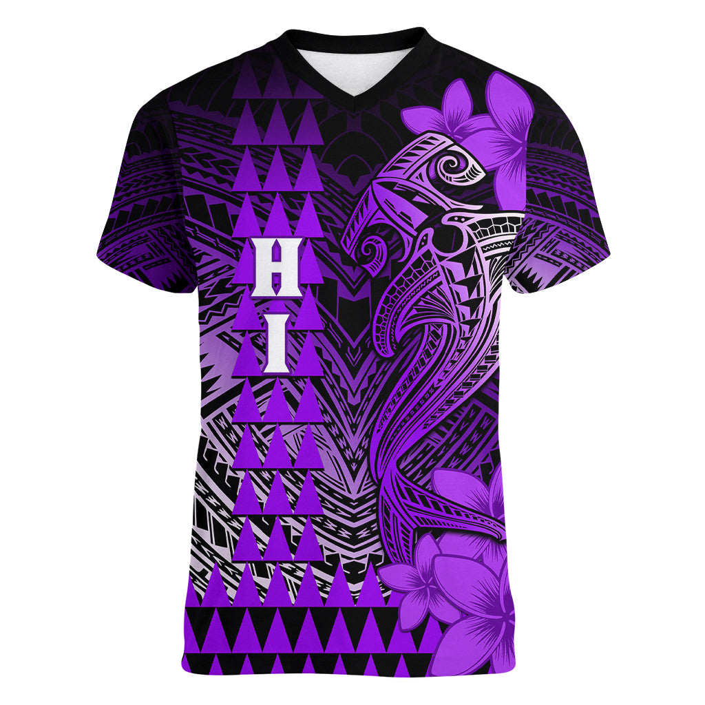 Personalized Hawaii Women V Neck T Shirt Hammerhead Shark Kakau Polynesian Tribal Purple LT05 Female Purple - Polynesian Pride