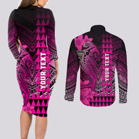 Personalized Hawaii Couples Matching Long Sleeve Bodycon Dress and Long Sleeve Button Shirts Hammerhead Shark Kakau Polynesian Tribal Pink LT05 - Polynesian Pride
