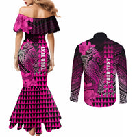 Personalized Hawaii Couples Matching Mermaid Dress and Long Sleeve Button Shirts Hammerhead Shark Kakau Polynesian Tribal Pink LT05 - Polynesian Pride