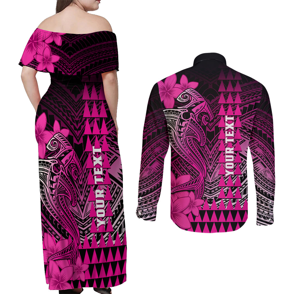 Personalized Hawaii Couples Matching Off Shoulder Maxi Dress and Long Sleeve Button Shirts Hammerhead Shark Kakau Polynesian Tribal Pink LT05 - Polynesian Pride