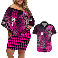 Personalized Hawaii Couples Matching Off Shoulder Short Dress and Hawaiian Shirt Hammerhead Shark Kakau Polynesian Tribal Pink LT05 Pink - Polynesian Pride