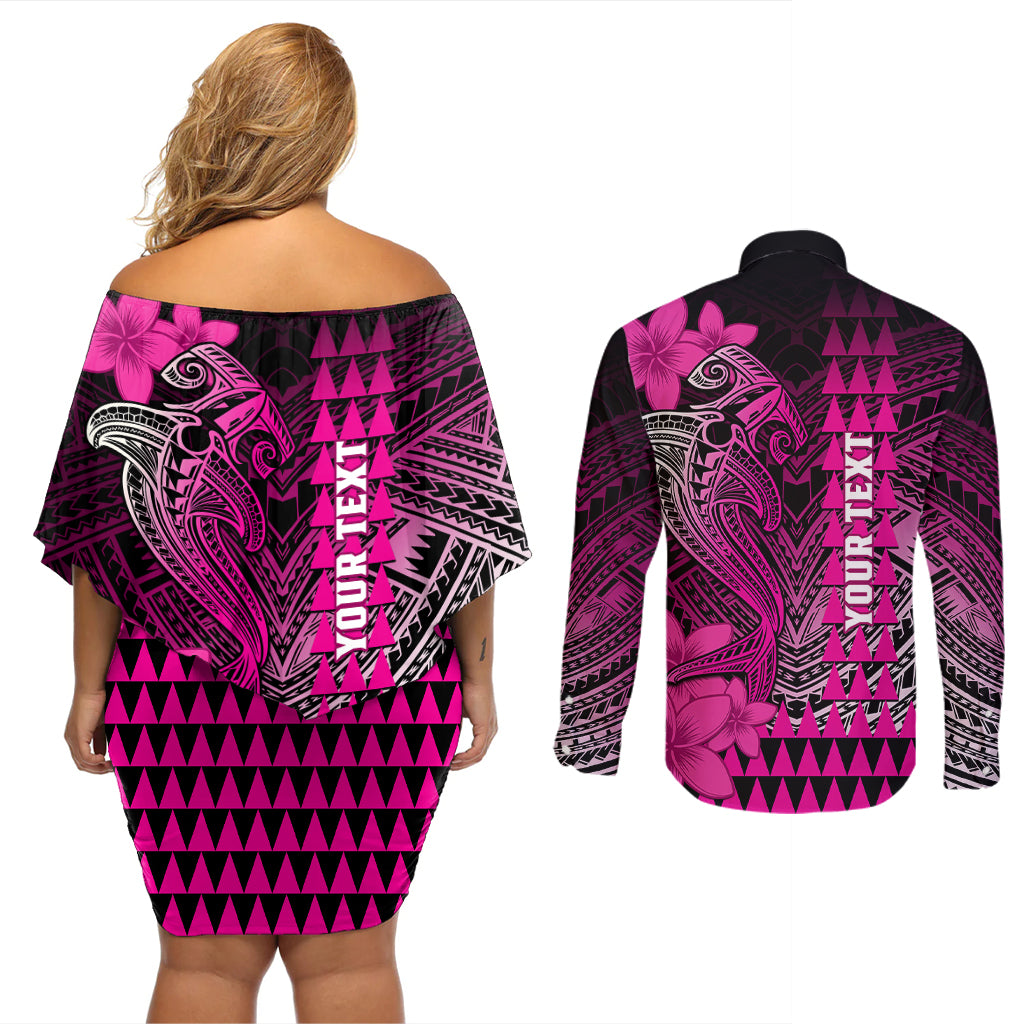 Personalized Hawaii Couples Matching Off Shoulder Short Dress and Long Sleeve Button Shirts Hammerhead Shark Kakau Polynesian Tribal Pink LT05 - Polynesian Pride