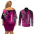 Personalized Hawaii Couples Matching Off Shoulder Short Dress and Long Sleeve Button Shirts Hammerhead Shark Kakau Polynesian Tribal Pink LT05 - Polynesian Pride