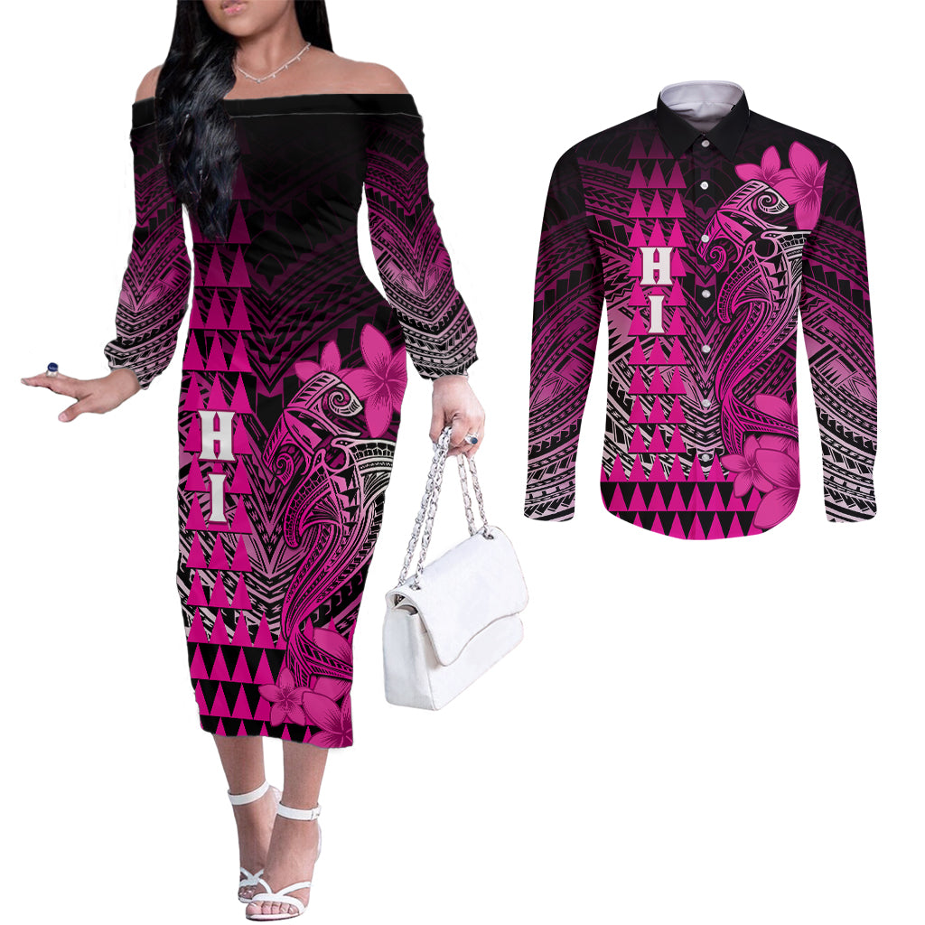 Personalized Hawaii Couples Matching Off The Shoulder Long Sleeve Dress and Long Sleeve Button Shirts Hammerhead Shark Kakau Polynesian Tribal Pink LT05 Pink - Polynesian Pride