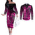 Personalized Hawaii Couples Matching Off The Shoulder Long Sleeve Dress and Long Sleeve Button Shirts Hammerhead Shark Kakau Polynesian Tribal Pink LT05 Pink - Polynesian Pride