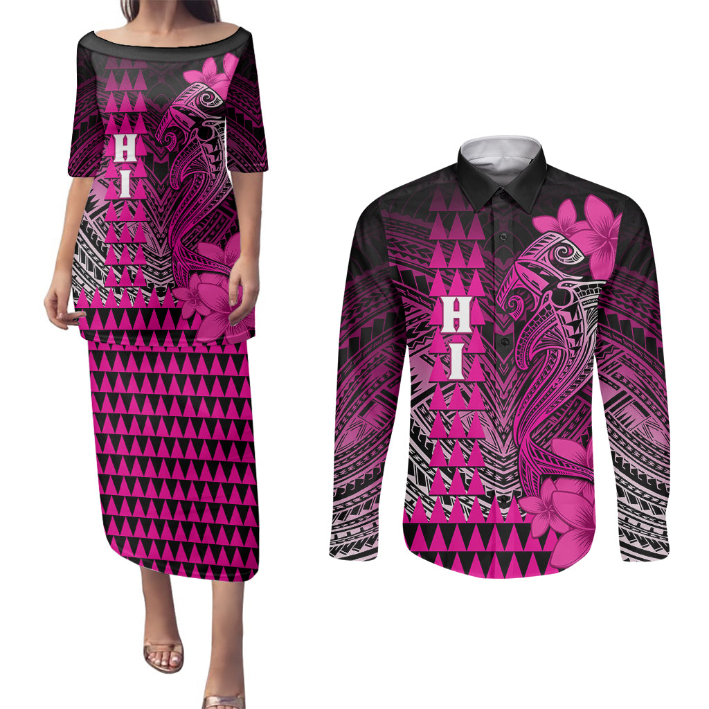 Personalized Hawaii Couples Matching Puletasi Dress and Long Sleeve Button Shirts Hammerhead Shark Kakau Polynesian Tribal Pink LT05 Pink - Polynesian Pride