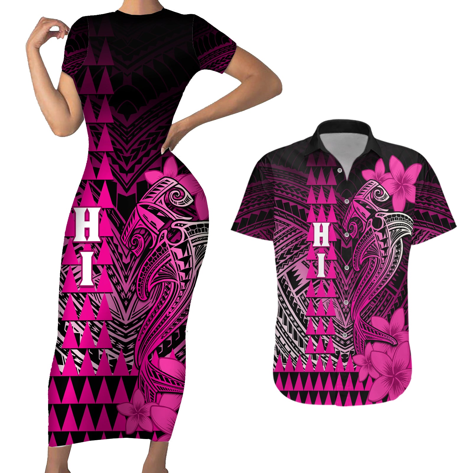 Personalized Hawaii Couples Matching Short Sleeve Bodycon Dress and Hawaiian Shirt Hammerhead Shark Kakau Polynesian Tribal Pink LT05 Pink - Polynesian Pride