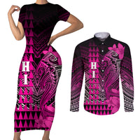 Personalized Hawaii Couples Matching Short Sleeve Bodycon Dress and Long Sleeve Button Shirts Hammerhead Shark Kakau Polynesian Tribal Pink LT05 Pink - Polynesian Pride