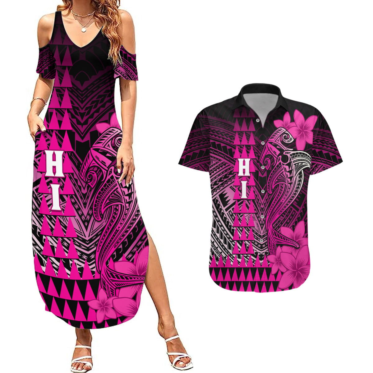 Personalized Hawaii Couples Matching Summer Maxi Dress and Hawaiian Shirt Hammerhead Shark Kakau Polynesian Tribal Pink LT05 Pink - Polynesian Pride