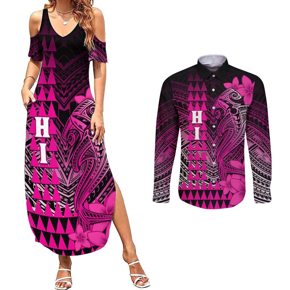 Personalized Hawaii Couples Matching Summer Maxi Dress and Long Sleeve Button Shirts Hammerhead Shark Kakau Polynesian Tribal Pink LT05 Pink - Polynesian Pride