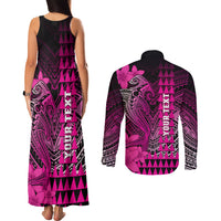 Personalized Hawaii Couples Matching Tank Maxi Dress and Long Sleeve Button Shirts Hammerhead Shark Kakau Polynesian Tribal Pink LT05 - Polynesian Pride