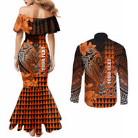 Personalized Hawaii Couples Matching Mermaid Dress and Long Sleeve Button Shirts Hammerhead Shark Kakau Polynesian Tribal Orange LT05 - Polynesian Pride