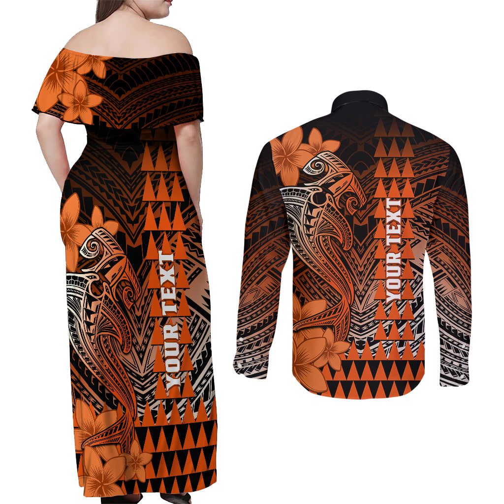 Personalized Hawaii Couples Matching Off Shoulder Maxi Dress and Long Sleeve Button Shirts Hammerhead Shark Kakau Polynesian Tribal Orange LT05 - Polynesian Pride