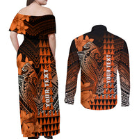 Personalized Hawaii Couples Matching Off Shoulder Maxi Dress and Long Sleeve Button Shirts Hammerhead Shark Kakau Polynesian Tribal Orange LT05 - Polynesian Pride