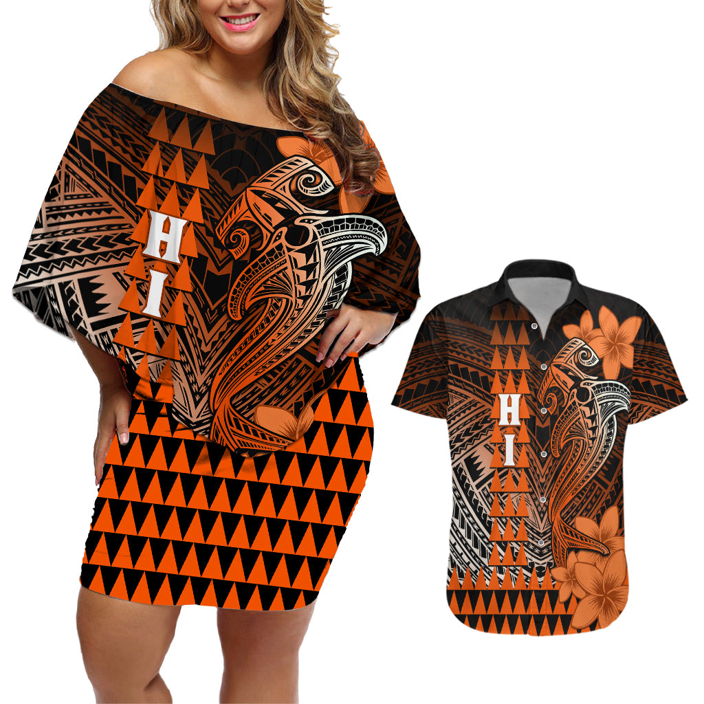 Personalized Hawaii Couples Matching Off Shoulder Short Dress and Hawaiian Shirt Hammerhead Shark Kakau Polynesian Tribal Orange LT05 Orange - Polynesian Pride