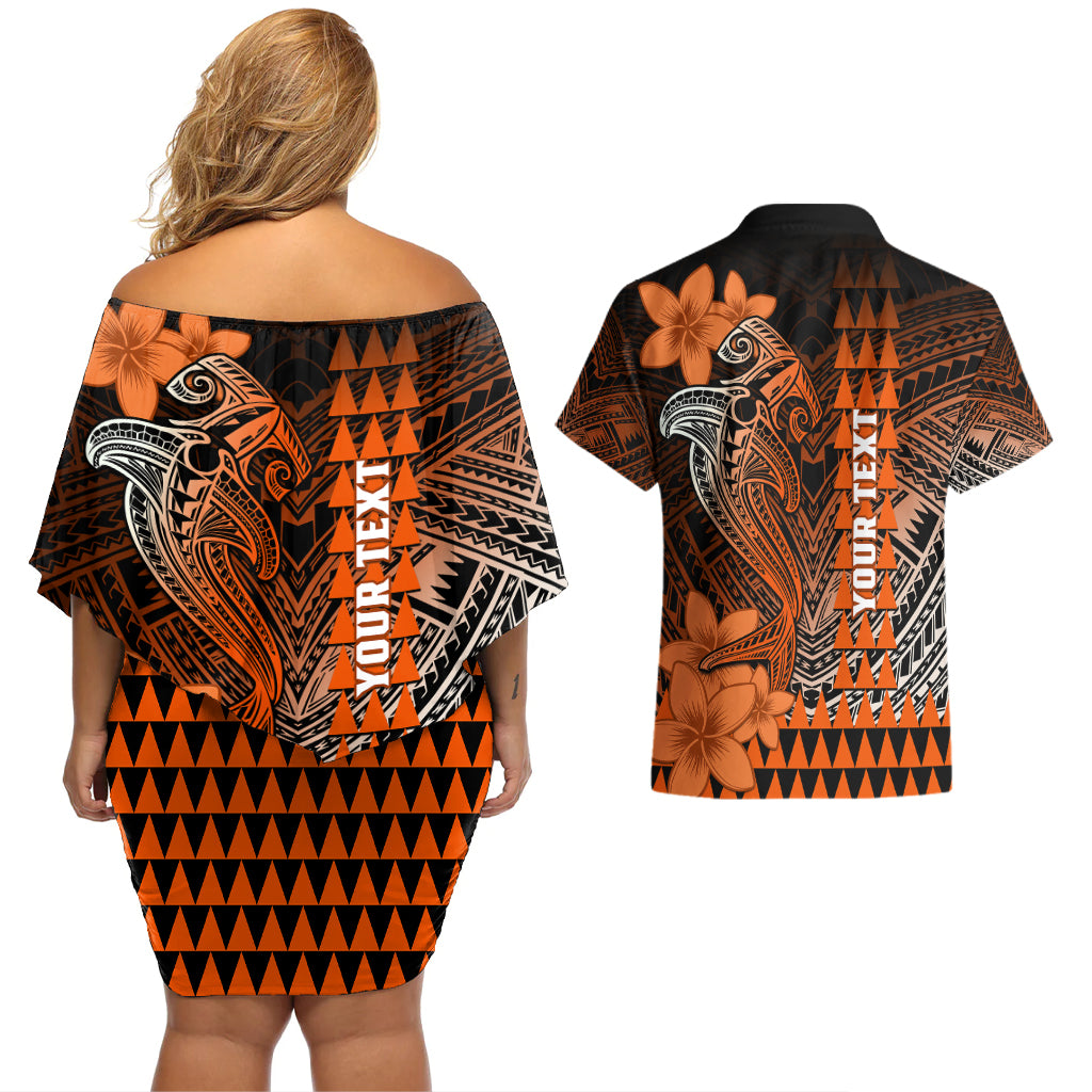 Personalized Hawaii Couples Matching Off Shoulder Short Dress and Hawaiian Shirt Hammerhead Shark Kakau Polynesian Tribal Orange LT05 - Polynesian Pride