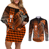 Personalized Hawaii Couples Matching Off Shoulder Short Dress and Long Sleeve Button Shirts Hammerhead Shark Kakau Polynesian Tribal Orange LT05 Orange - Polynesian Pride