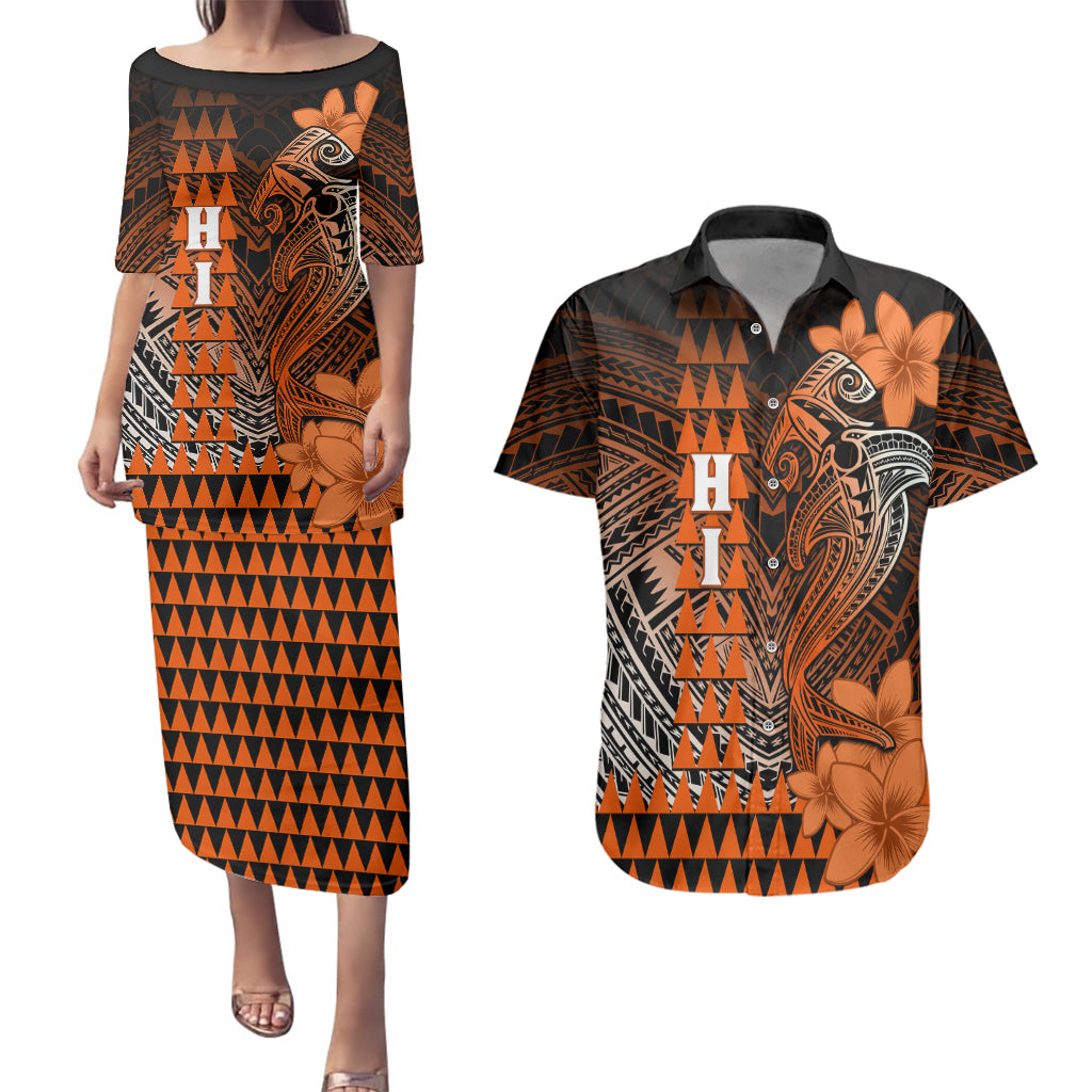 Personalized Hawaii Couples Matching Puletasi Dress and Hawaiian Shirt Hammerhead Shark Kakau Polynesian Tribal Orange LT05 Orange - Polynesian Pride