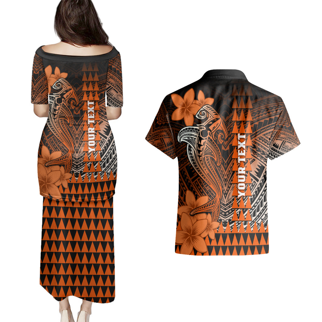 Personalized Hawaii Couples Matching Puletasi Dress and Hawaiian Shirt Hammerhead Shark Kakau Polynesian Tribal Orange LT05 - Polynesian Pride
