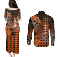 Personalized Hawaii Couples Matching Puletasi Dress and Long Sleeve Button Shirts Hammerhead Shark Kakau Polynesian Tribal Orange LT05 - Polynesian Pride