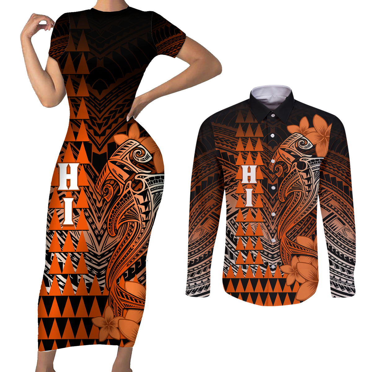 Personalized Hawaii Couples Matching Short Sleeve Bodycon Dress and Long Sleeve Button Shirts Hammerhead Shark Kakau Polynesian Tribal Orange LT05 Orange - Polynesian Pride