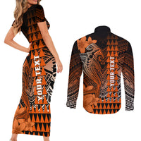 Personalized Hawaii Couples Matching Short Sleeve Bodycon Dress and Long Sleeve Button Shirts Hammerhead Shark Kakau Polynesian Tribal Orange LT05 - Polynesian Pride