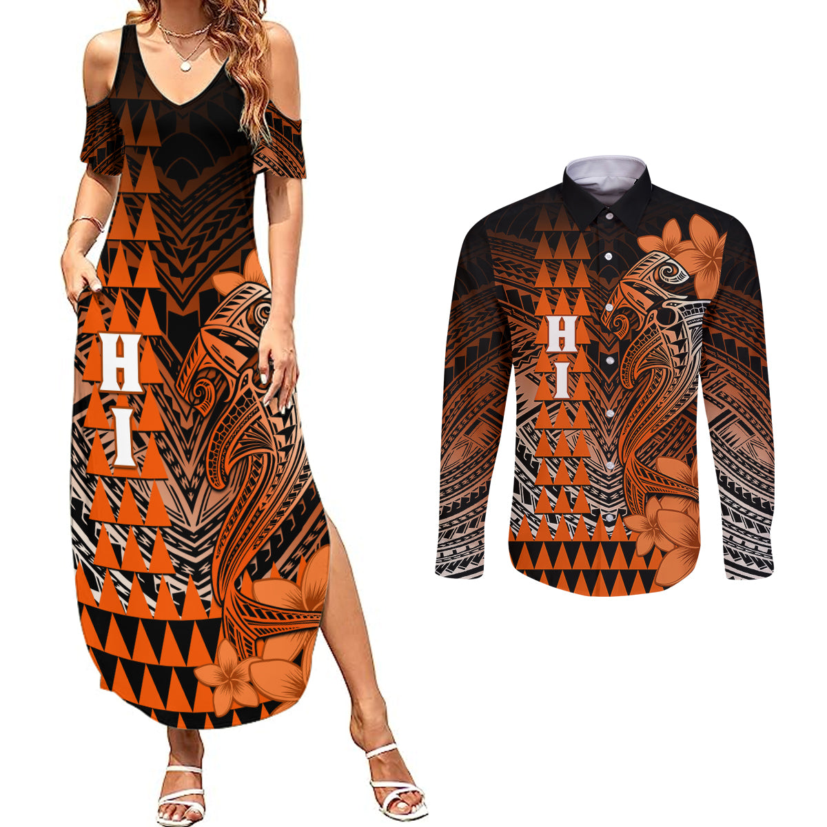 Personalized Hawaii Couples Matching Summer Maxi Dress and Long Sleeve Button Shirts Hammerhead Shark Kakau Polynesian Tribal Orange LT05 Orange - Polynesian Pride