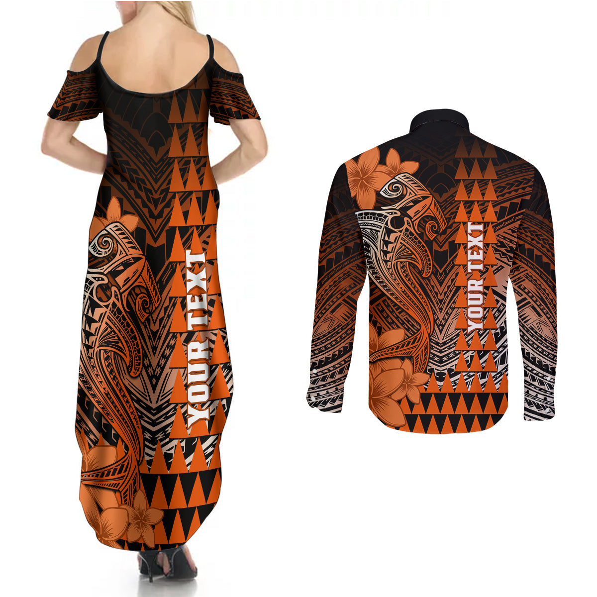 Personalized Hawaii Couples Matching Summer Maxi Dress and Long Sleeve Button Shirts Hammerhead Shark Kakau Polynesian Tribal Orange LT05 - Polynesian Pride