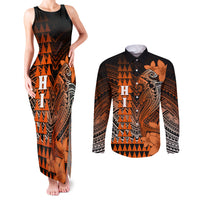 Personalized Hawaii Couples Matching Tank Maxi Dress and Long Sleeve Button Shirts Hammerhead Shark Kakau Polynesian Tribal Orange LT05 Orange - Polynesian Pride