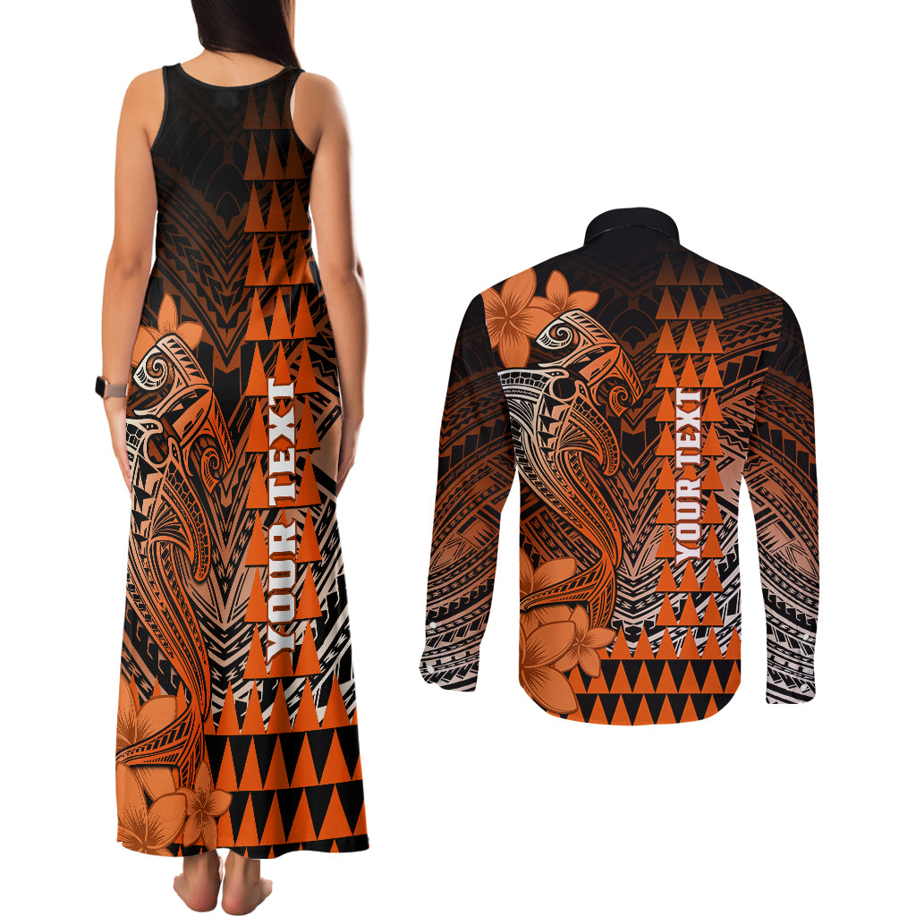 Personalized Hawaii Couples Matching Tank Maxi Dress and Long Sleeve Button Shirts Hammerhead Shark Kakau Polynesian Tribal Orange LT05 - Polynesian Pride