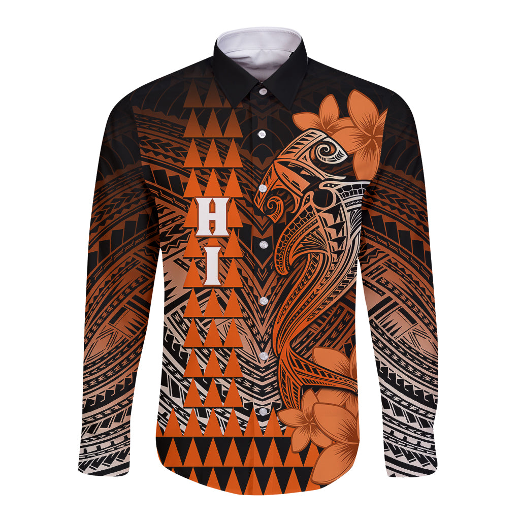Personalized Hawaii Long Sleeve Button Shirt Hammerhead Shark Kakau Polynesian Tribal Orange LT05 Unisex Orange - Polynesian Pride
