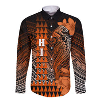 Personalized Hawaii Long Sleeve Button Shirt Hammerhead Shark Kakau Polynesian Tribal Orange LT05 Unisex Orange - Polynesian Pride