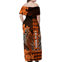 Personalized Hawaii Off Shoulder Maxi Dress Hammerhead Shark Kakau Polynesian Tribal Orange LT05 - Polynesian Pride