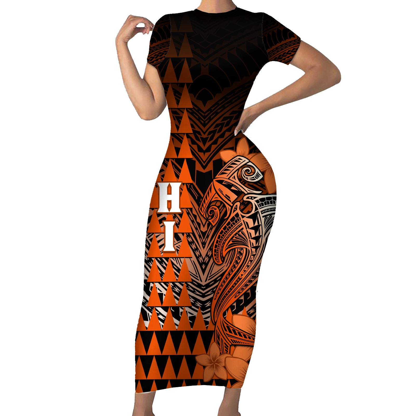 Personalized Hawaii Short Sleeve Bodycon Dress Hammerhead Shark Kakau Polynesian Tribal Orange LT05 Long Dress Orange - Polynesian Pride