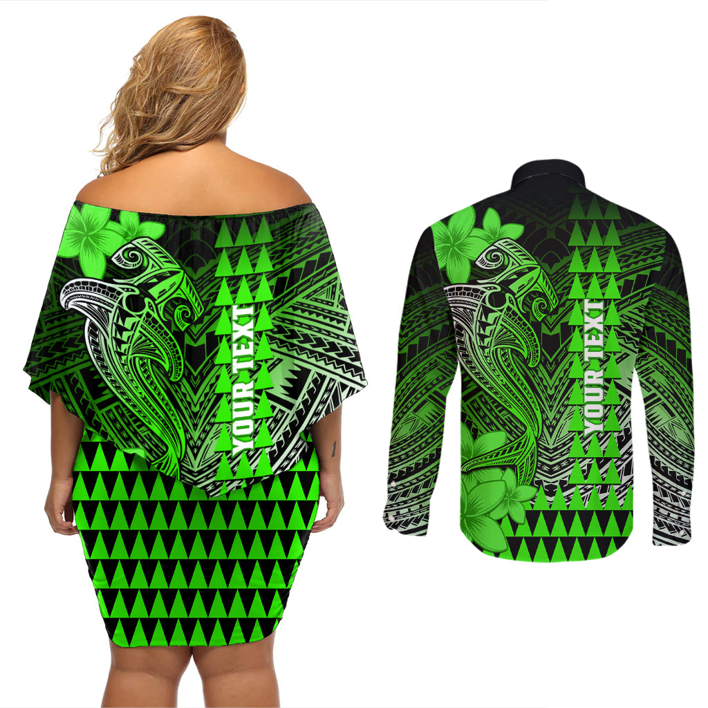 Personalized Hawaii Couples Matching Off Shoulder Short Dress and Long Sleeve Button Shirts Hammerhead Shark Kakau Polynesian Tribal Green LT05 - Polynesian Pride