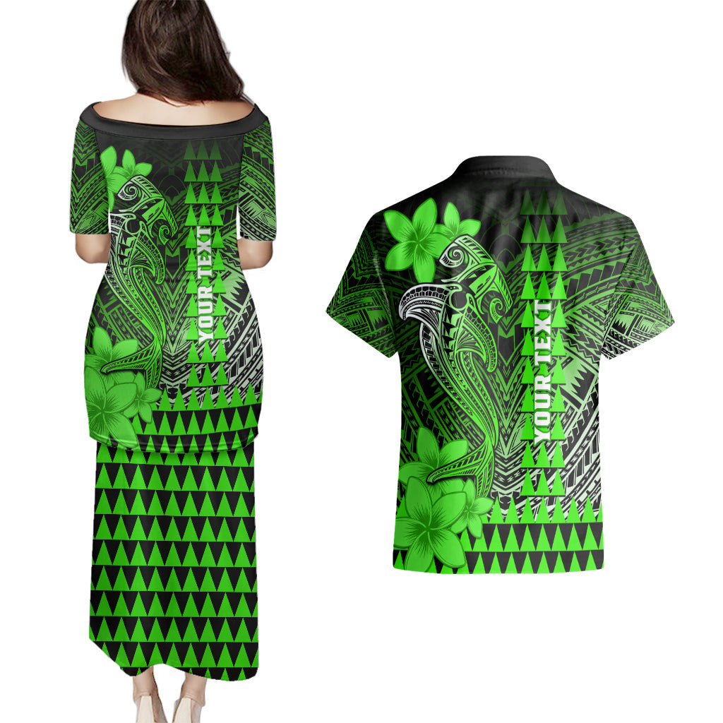 Personalized Hawaii Couples Matching Puletasi Dress and Hawaiian Shirt Hammerhead Shark Kakau Polynesian Tribal Green LT05 - Polynesian Pride