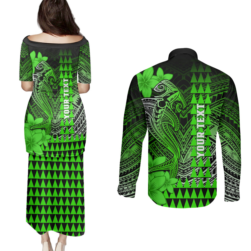 Personalized Hawaii Couples Matching Puletasi Dress and Long Sleeve Button Shirts Hammerhead Shark Kakau Polynesian Tribal Green LT05 - Polynesian Pride