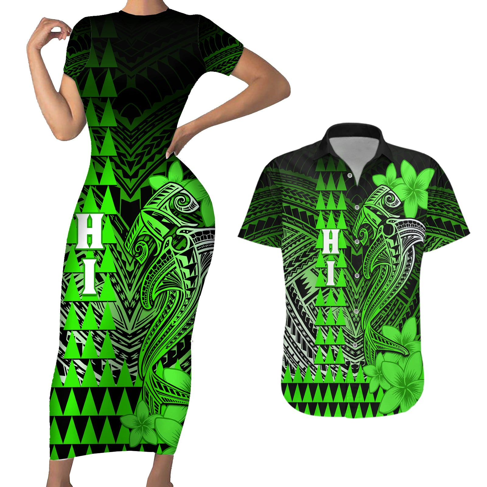 Personalized Hawaii Couples Matching Short Sleeve Bodycon Dress and Hawaiian Shirt Hammerhead Shark Kakau Polynesian Tribal Green LT05 Green - Polynesian Pride