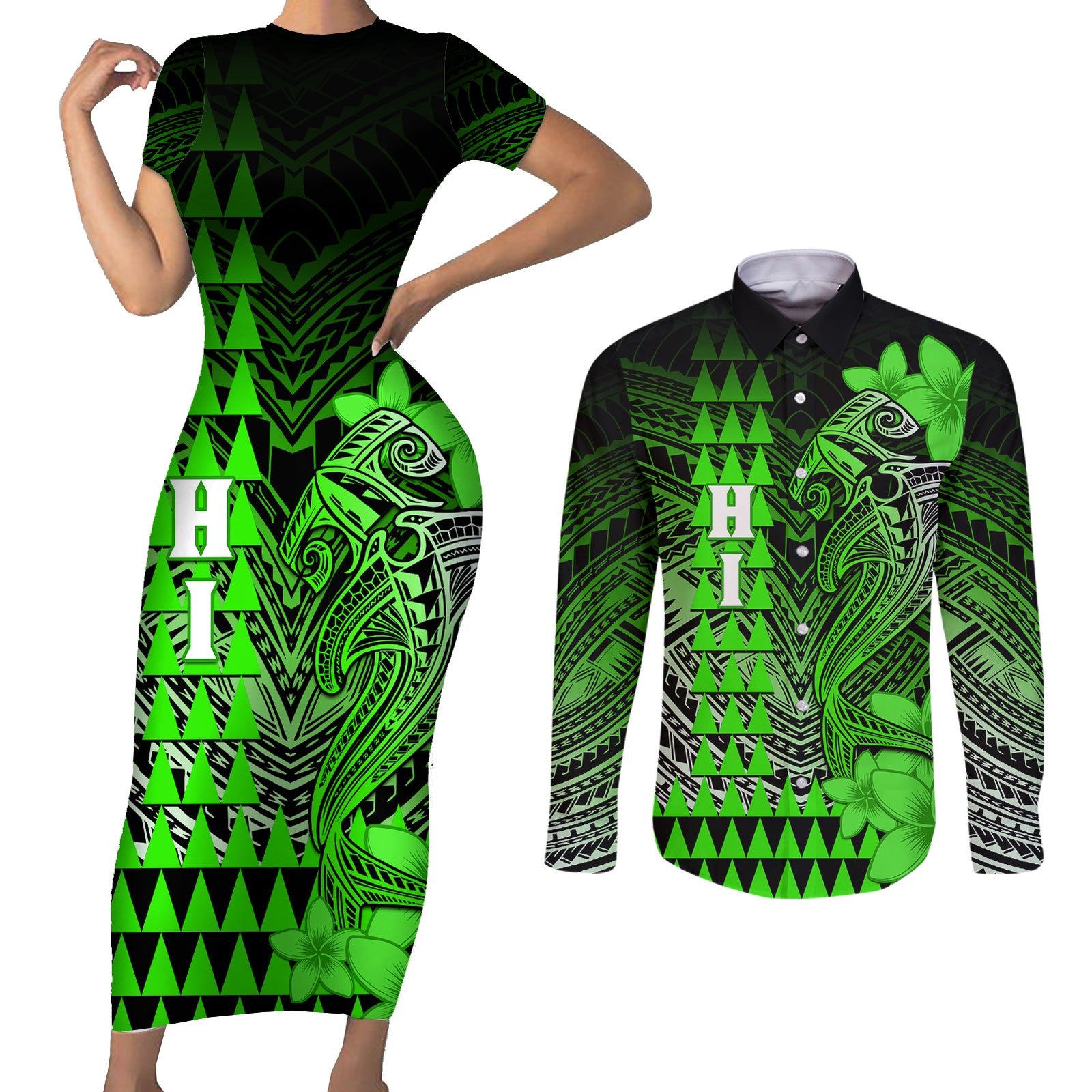 Personalized Hawaii Couples Matching Short Sleeve Bodycon Dress and Long Sleeve Button Shirts Hammerhead Shark Kakau Polynesian Tribal Green LT05 Green - Polynesian Pride