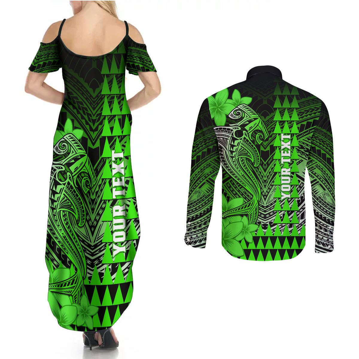 Personalized Hawaii Couples Matching Summer Maxi Dress and Long Sleeve Button Shirts Hammerhead Shark Kakau Polynesian Tribal Green LT05 - Polynesian Pride