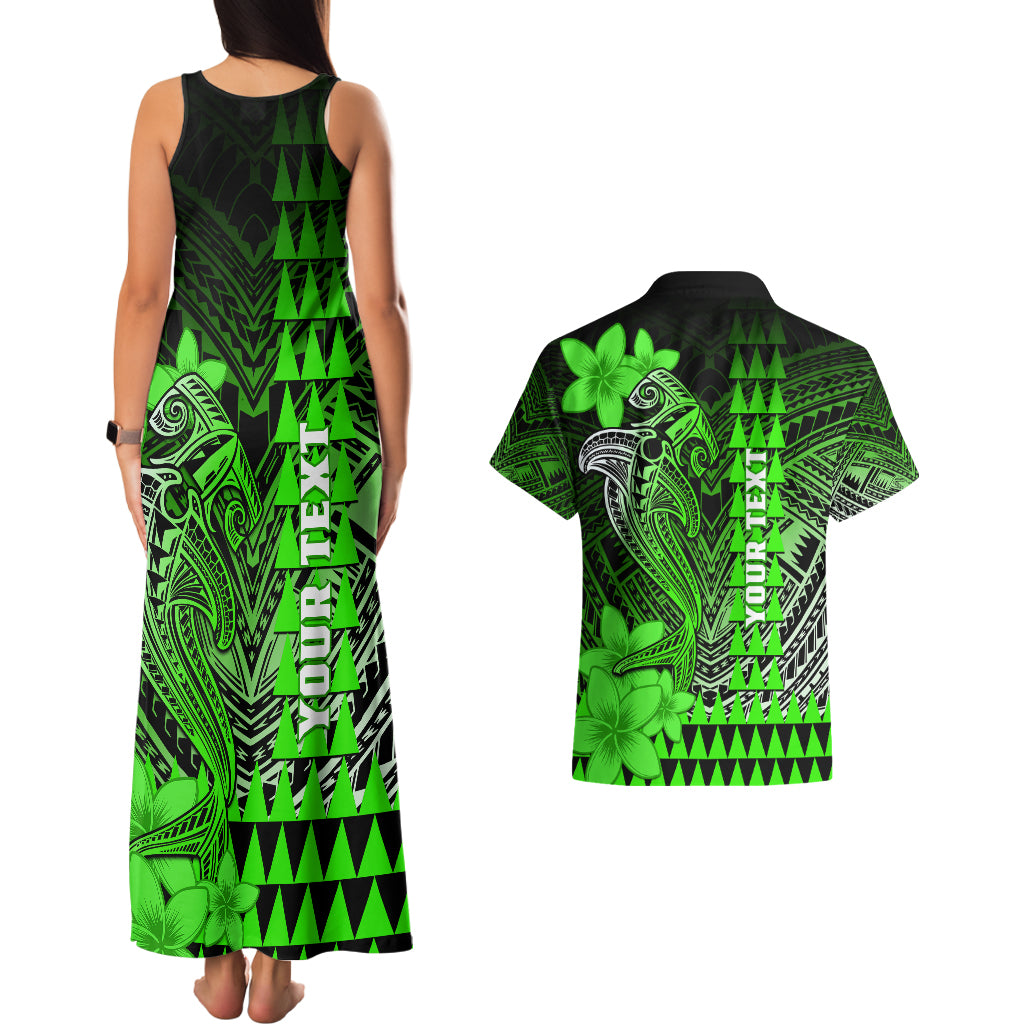Personalized Hawaii Couples Matching Tank Maxi Dress and Hawaiian Shirt Hammerhead Shark Kakau Polynesian Tribal Green LT05 - Polynesian Pride