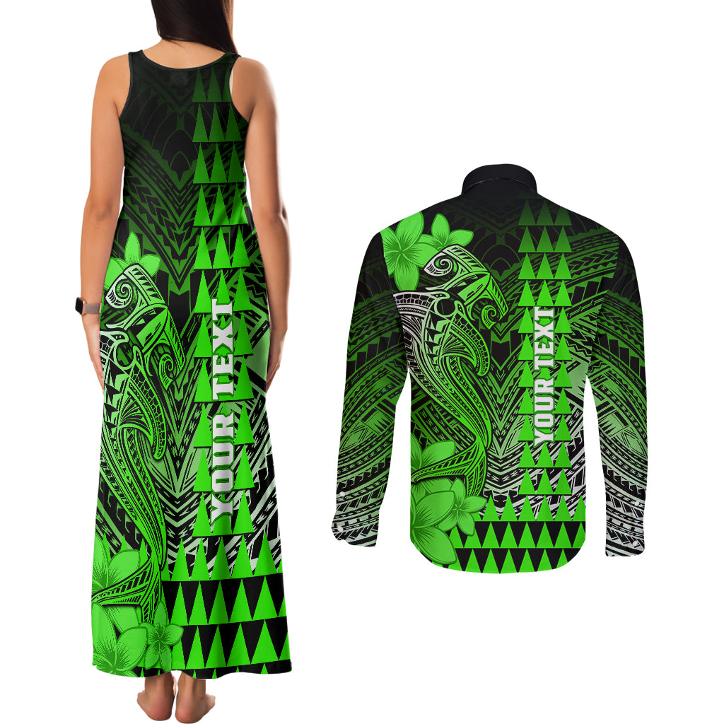 Personalized Hawaii Couples Matching Tank Maxi Dress and Long Sleeve Button Shirts Hammerhead Shark Kakau Polynesian Tribal Green LT05 - Polynesian Pride