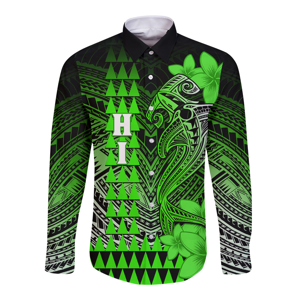 Personalized Hawaii Long Sleeve Button Shirt Hammerhead Shark Kakau Polynesian Tribal Green LT05 Unisex Green - Polynesian Pride