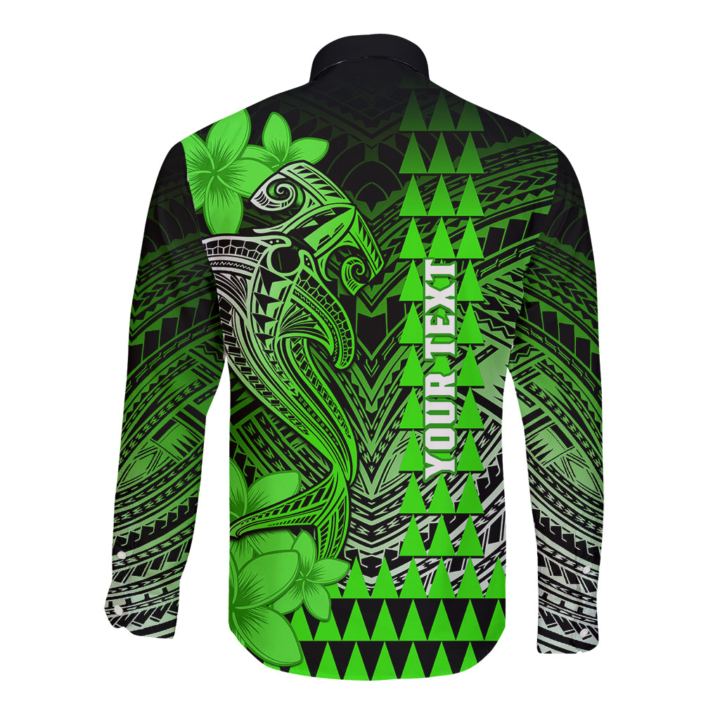 Personalized Hawaii Long Sleeve Button Shirt Hammerhead Shark Kakau Polynesian Tribal Green LT05 - Polynesian Pride
