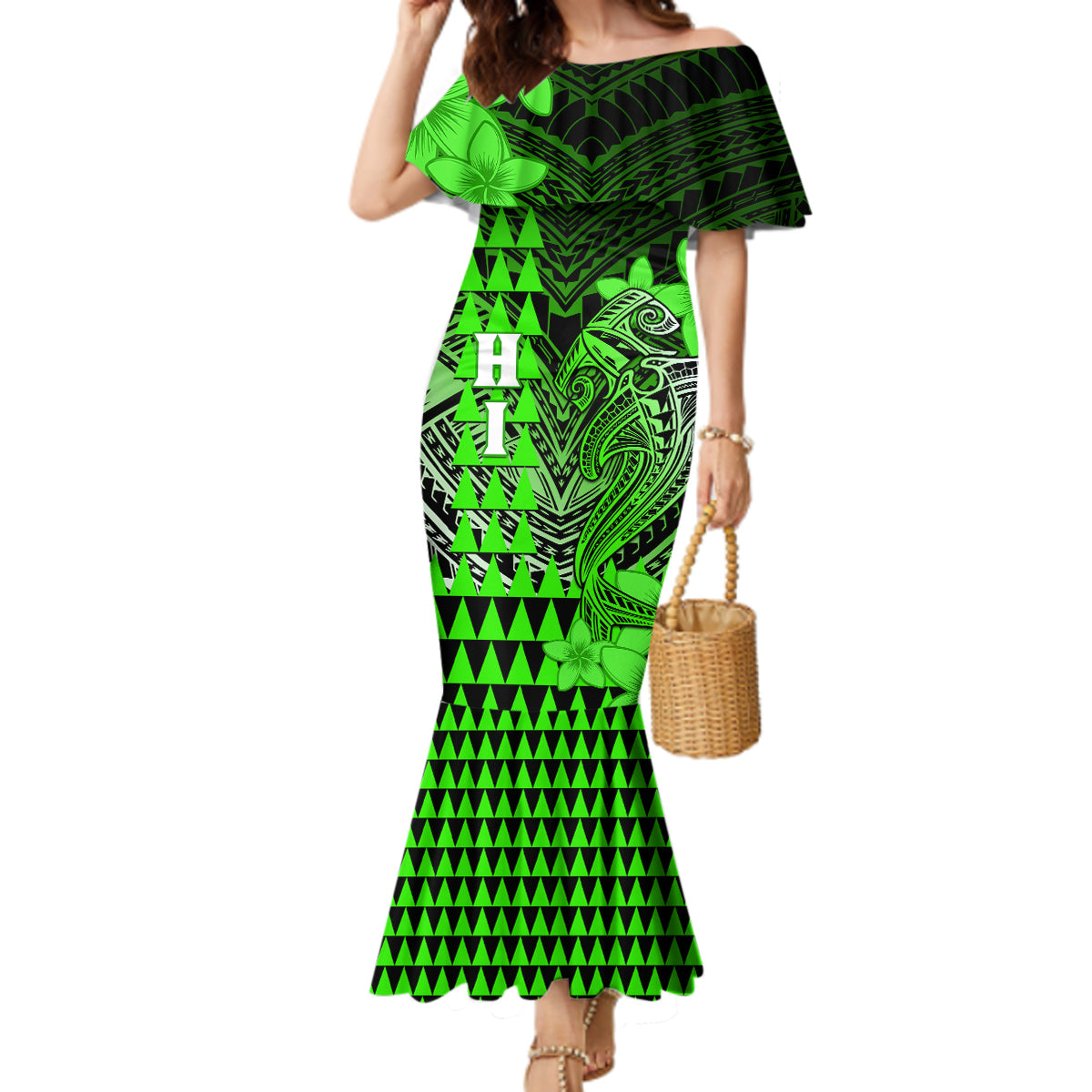 Personalized Hawaii Mermaid Dress Hammerhead Shark Kakau Polynesian Tribal Green LT05 Women Green - Polynesian Pride